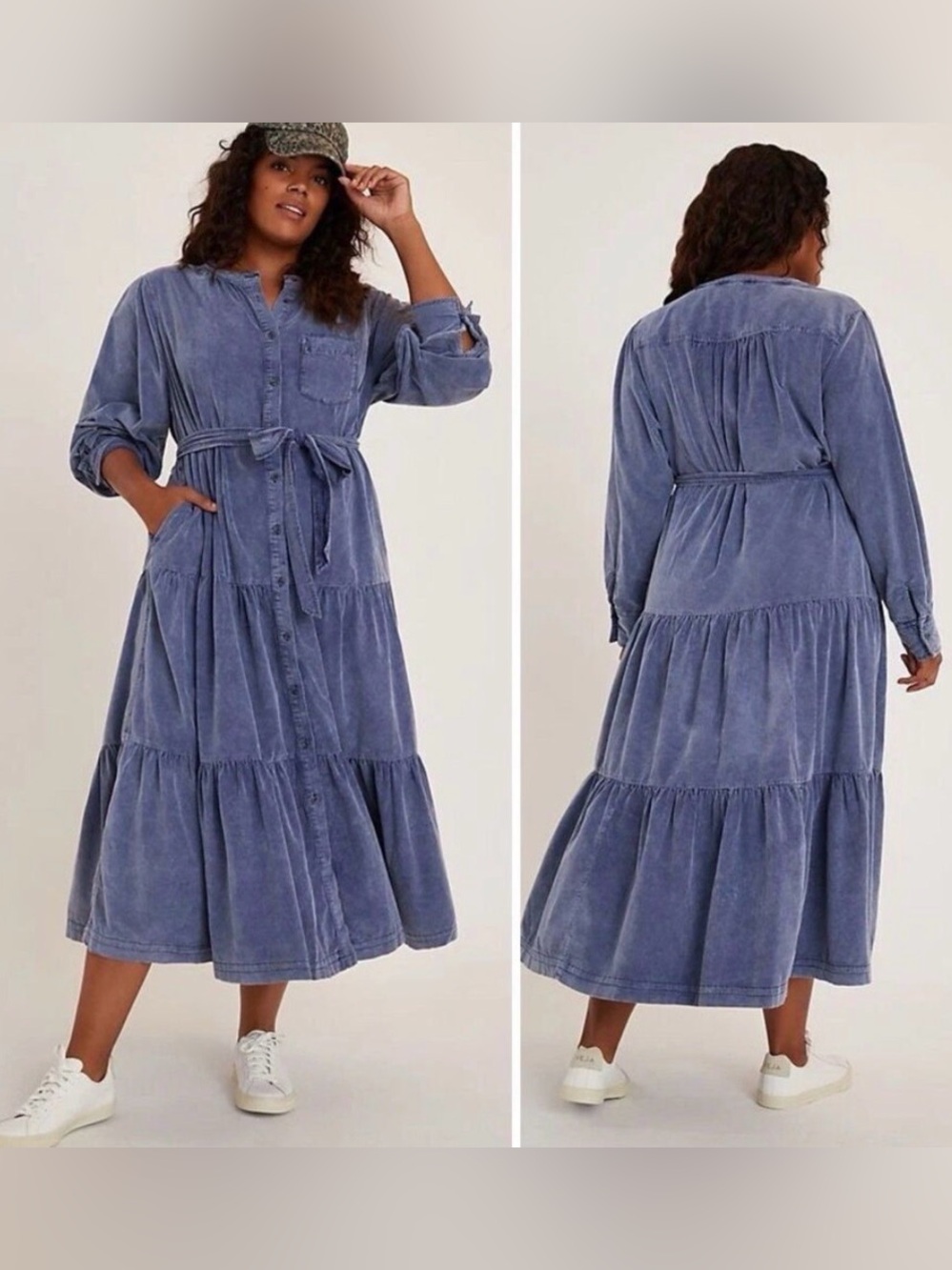 Anthropologie Pilcro Marta Tiered Corduroy Midi Dress Size Medium Long Sleeve